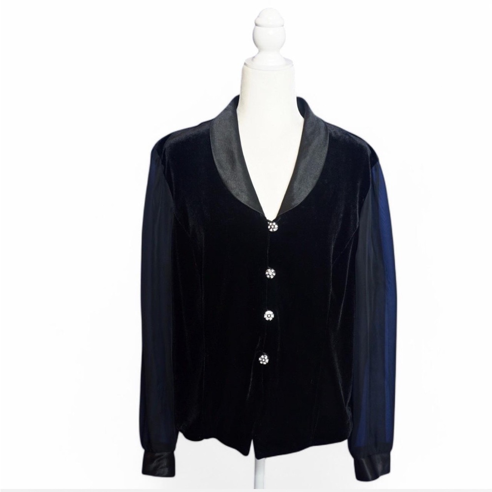 💜 DRESS BARN Black Velvet Sheer Sleeves Faux Diamond Button Jacket/Top (XL)